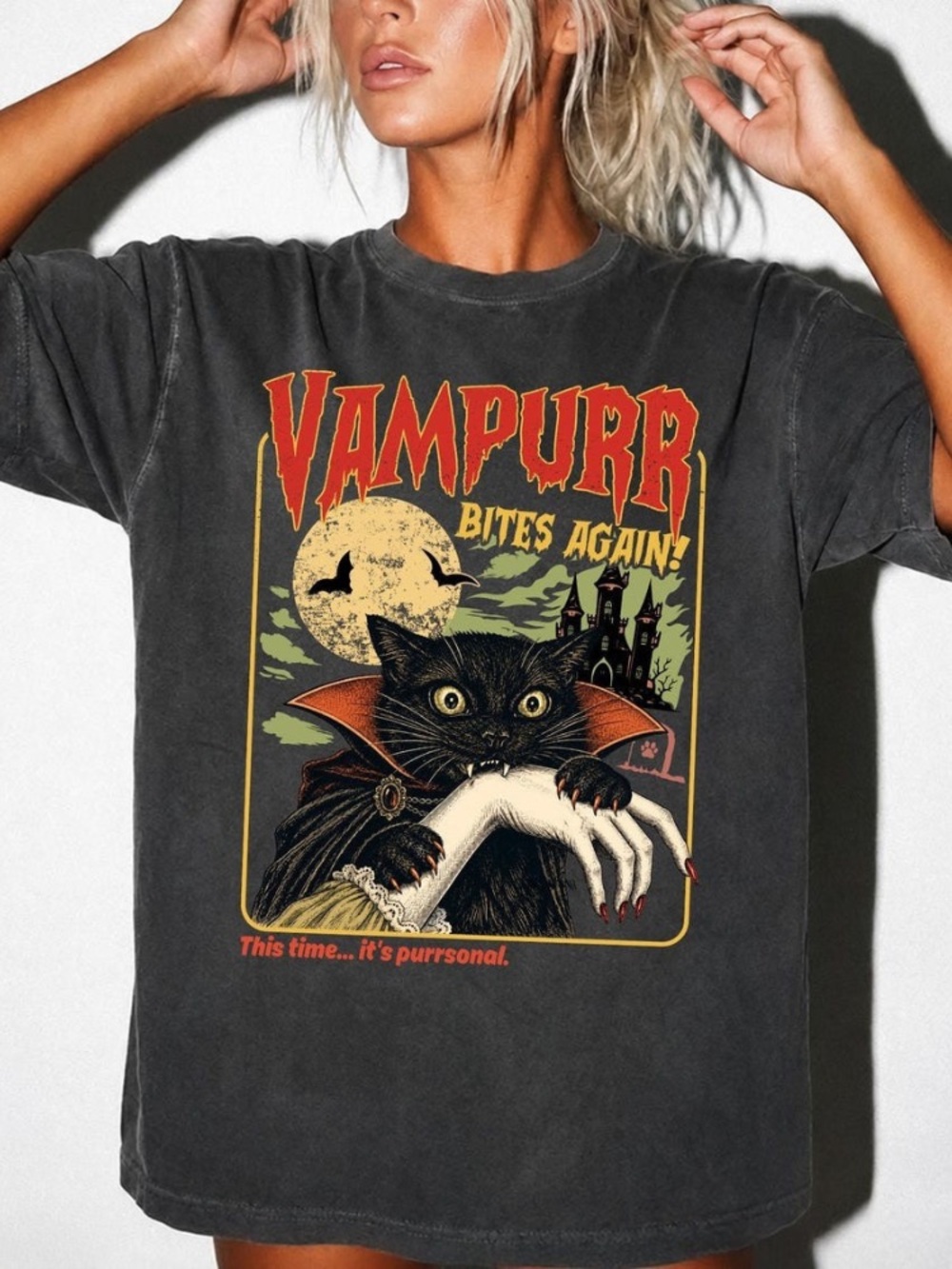 Comfort Colors Vampurr Bites Again Vintage Horror Movie Poster Cat Tee